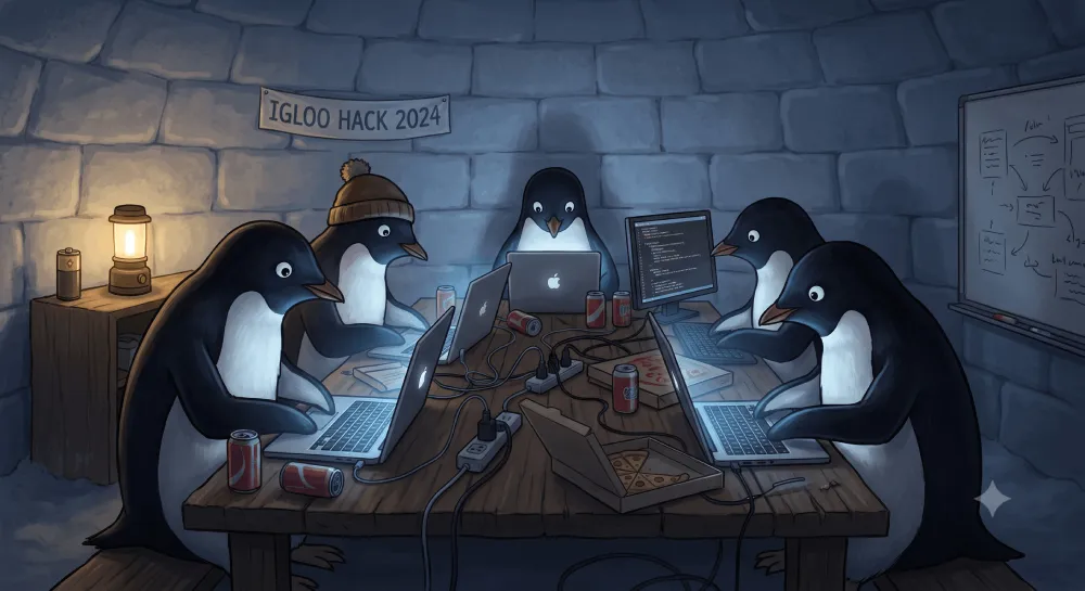 Penguins coding at a hackathon